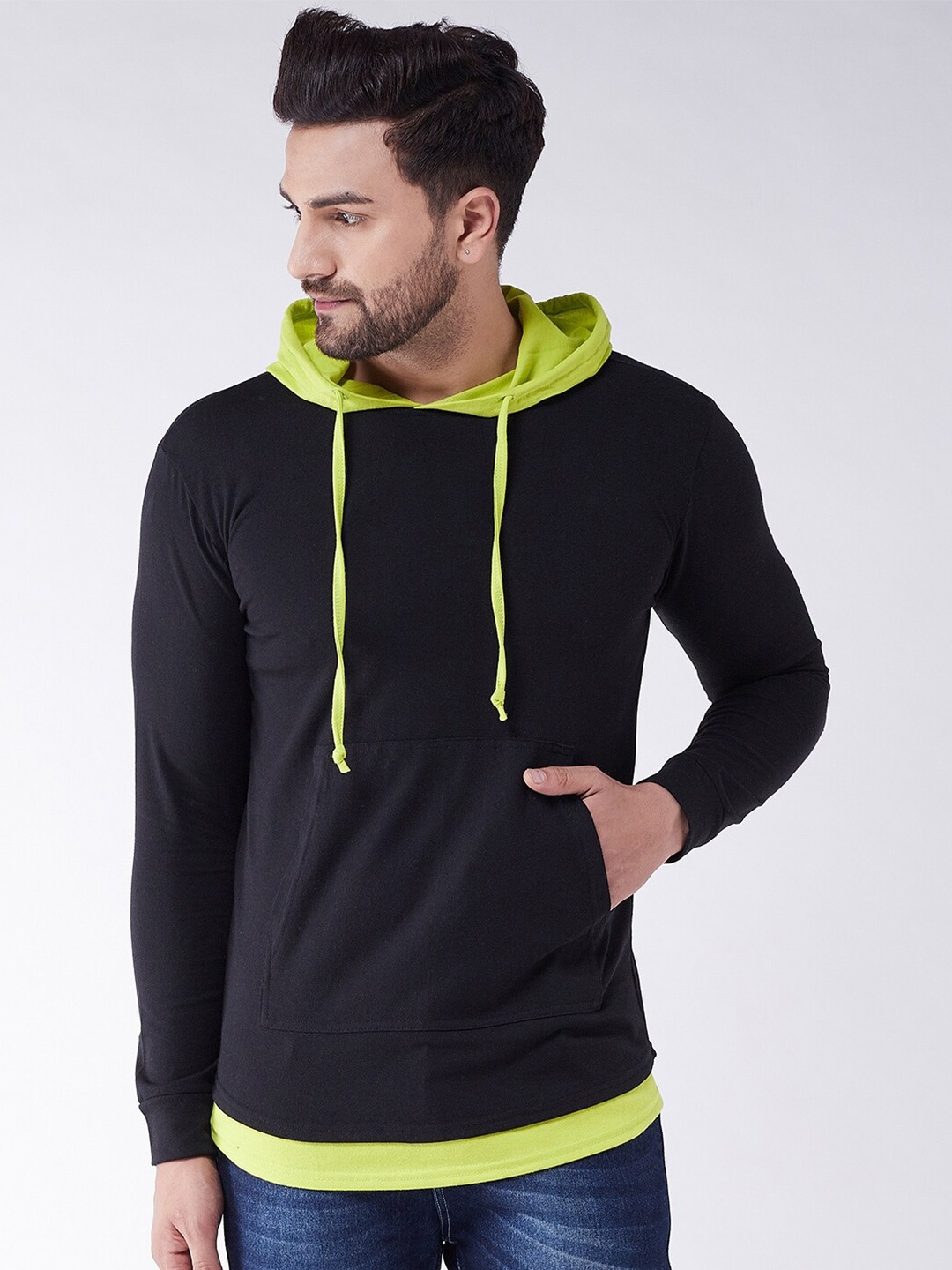 

GRITSTONES Men Black Pockets Hooded Cotton T-shirt