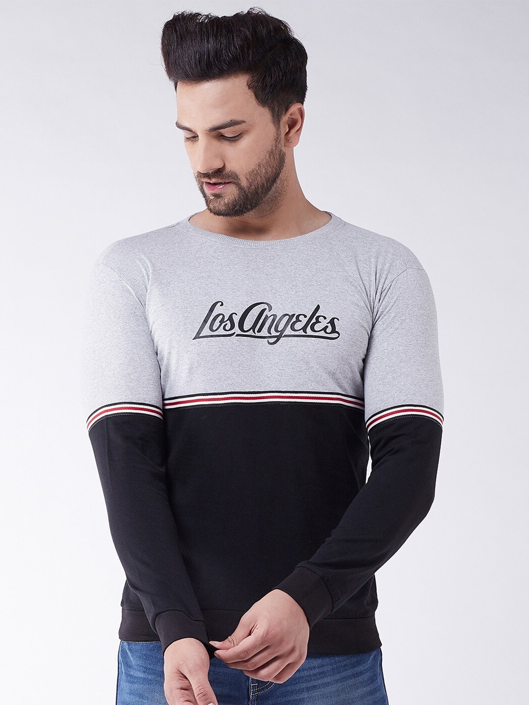 

GRITSTONES Men Grey & Grey Colourblocked Cotton T-shirt