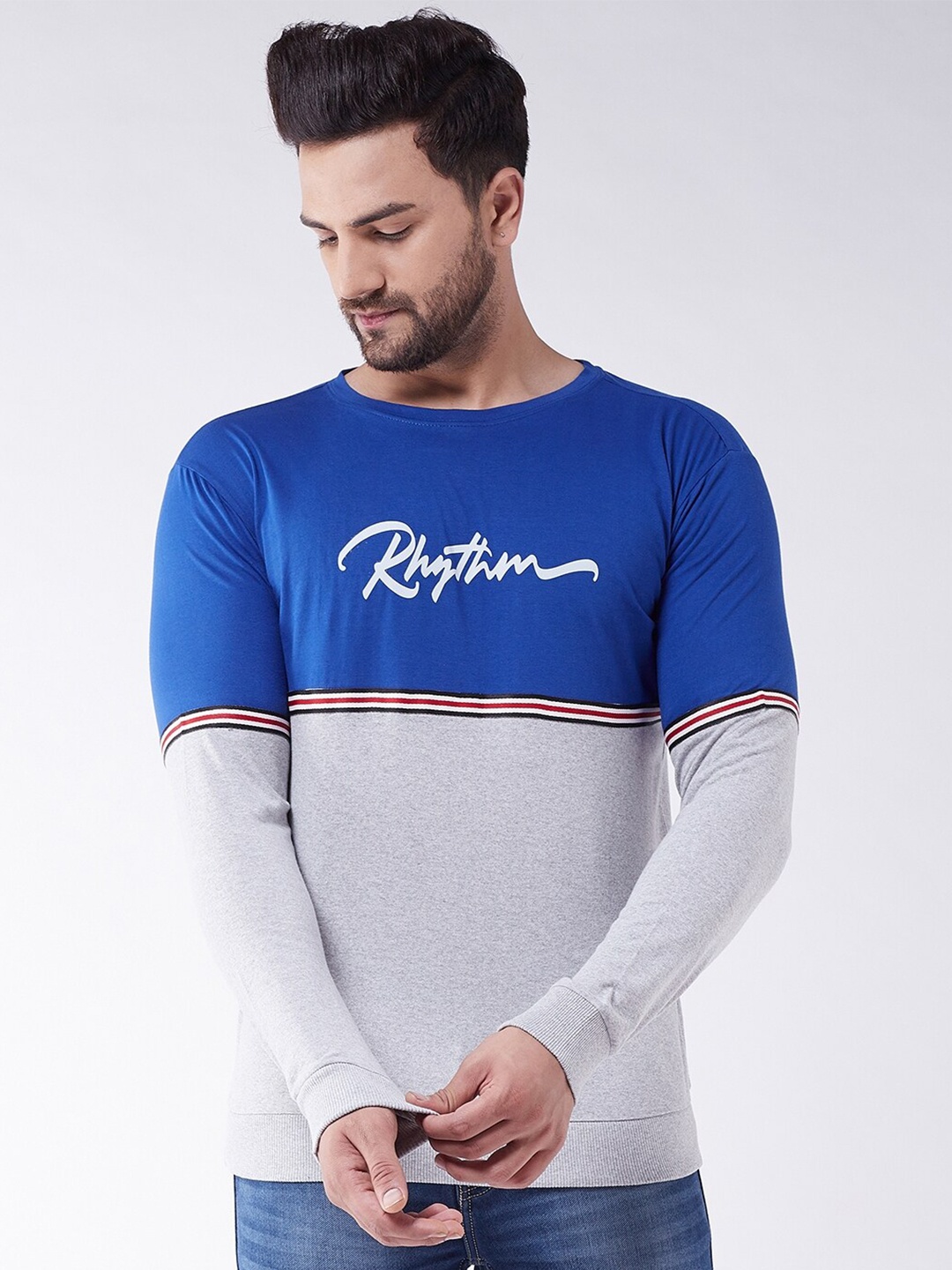 

GRITSTONES Men Blue & Grey Colourblocked Cotton T-shirt