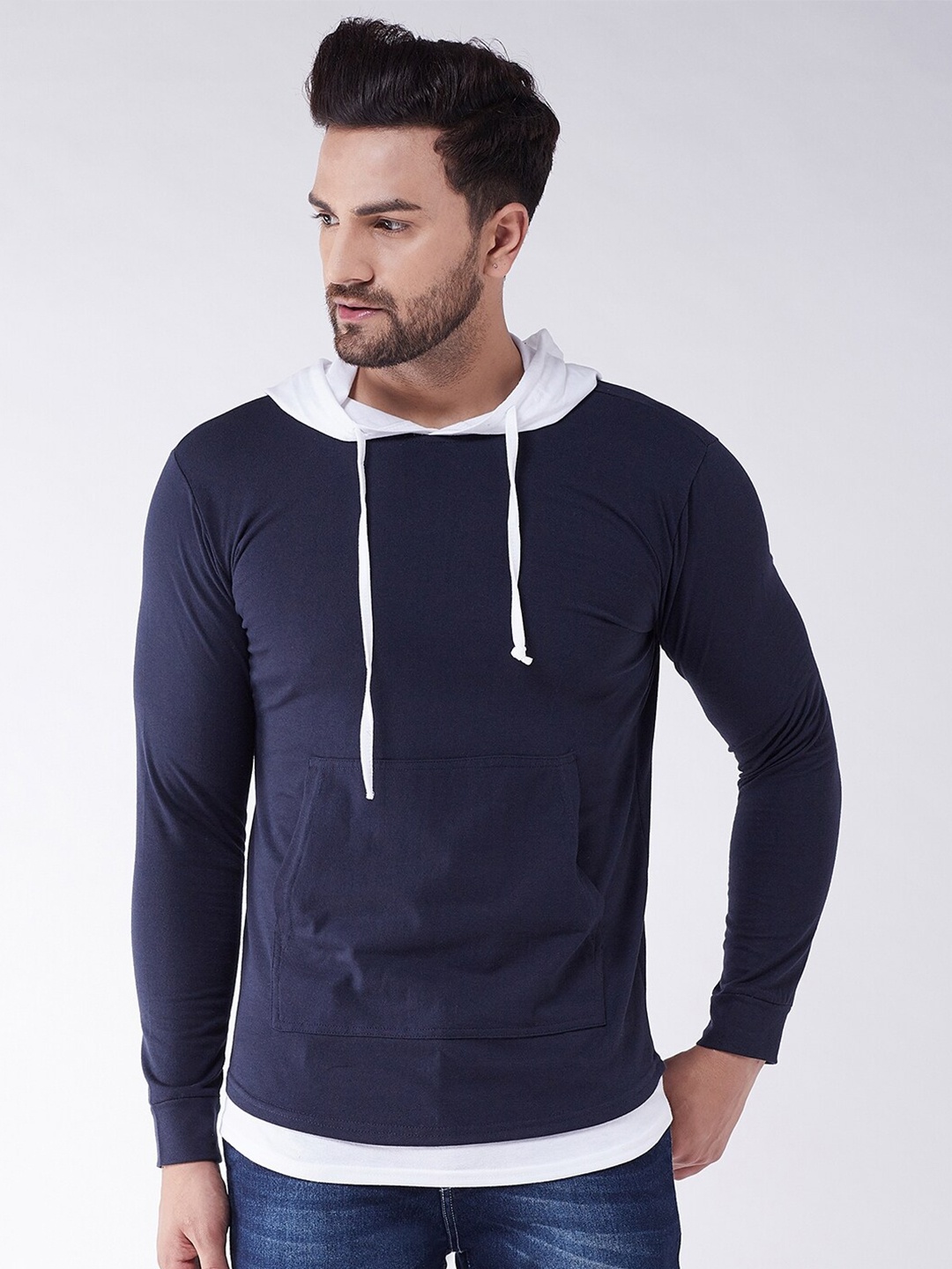 

GRITSTONES Men Navy Blue Pockets Hooded Cotton T-shirt