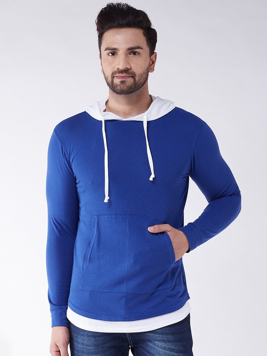 

GRITSTONES Men Blue Pockets Hooded Cotton T-shirt