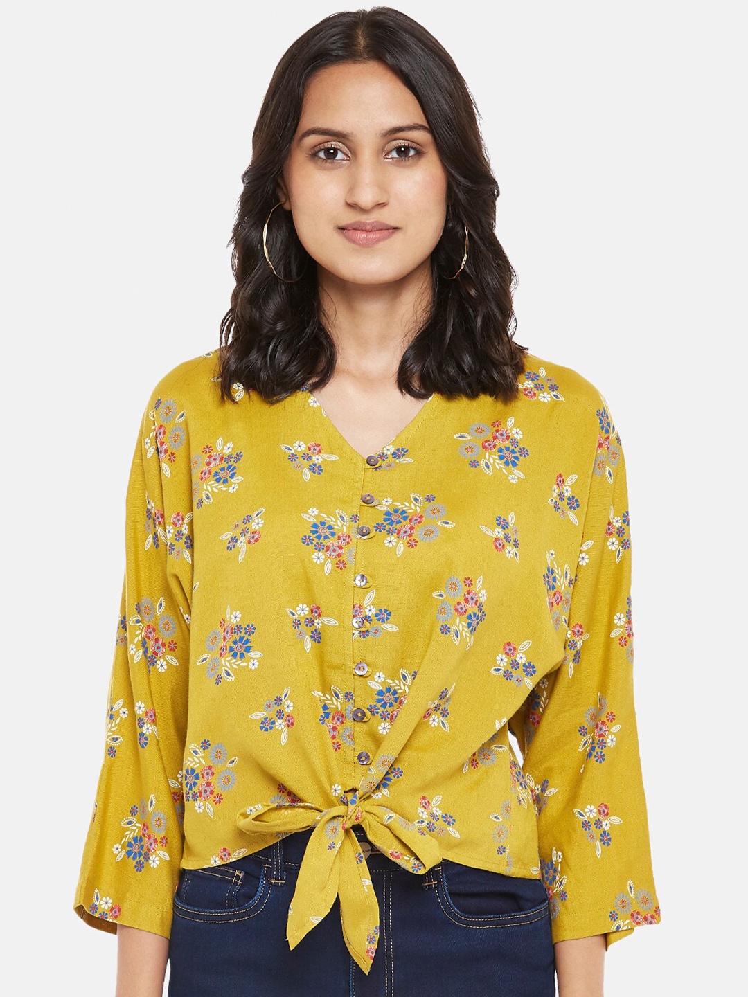

People Women Mustard Yellow Floral Printed Tie Up Blouson Top