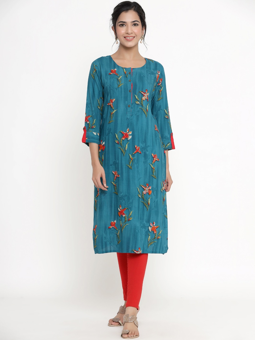 

DIVYANK Women Green & Red Floral Printed Kurta