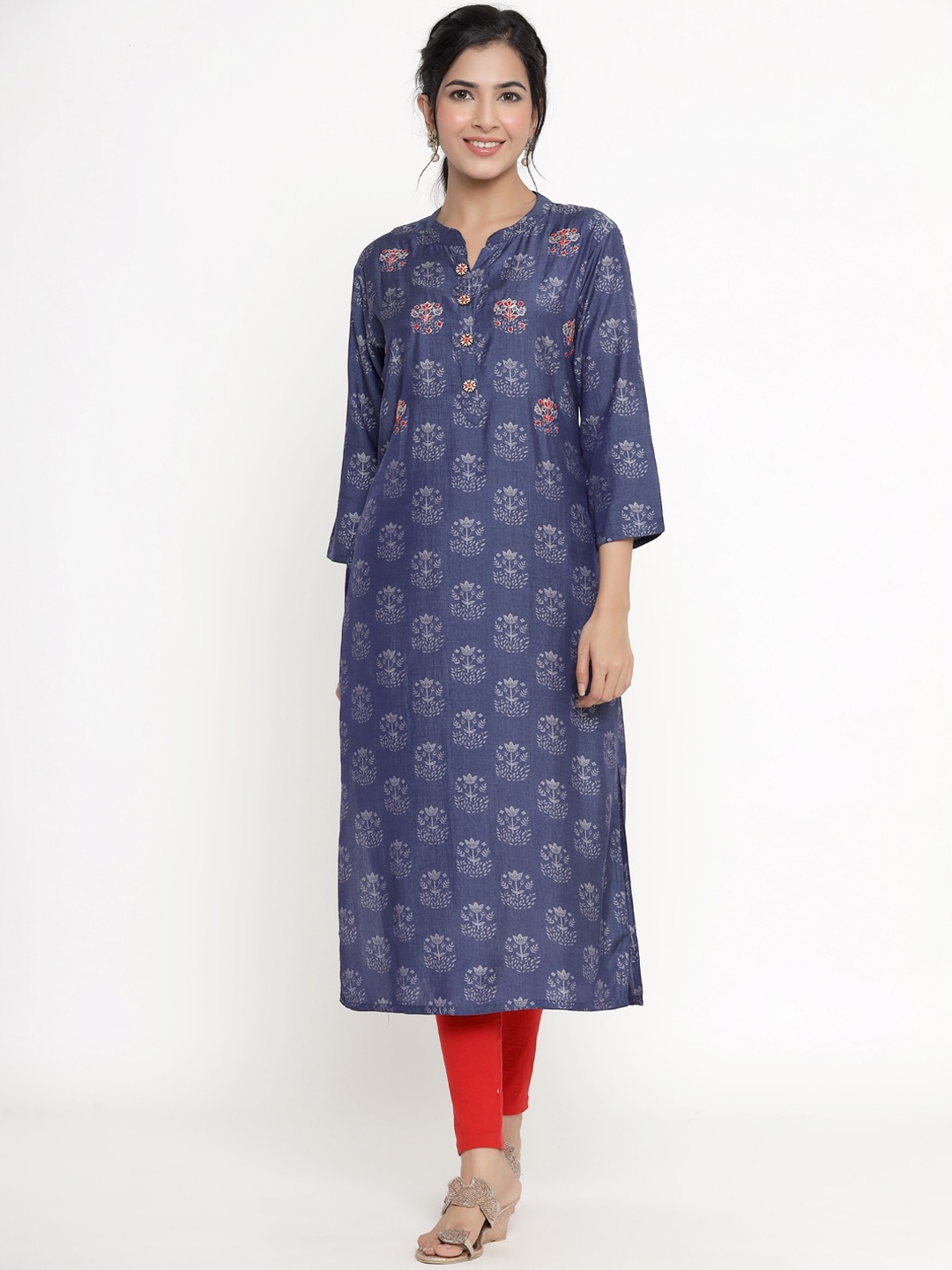 

DIVYANK Women Blue & Beige Ethnic Motifs Printed Thread Work Kurta