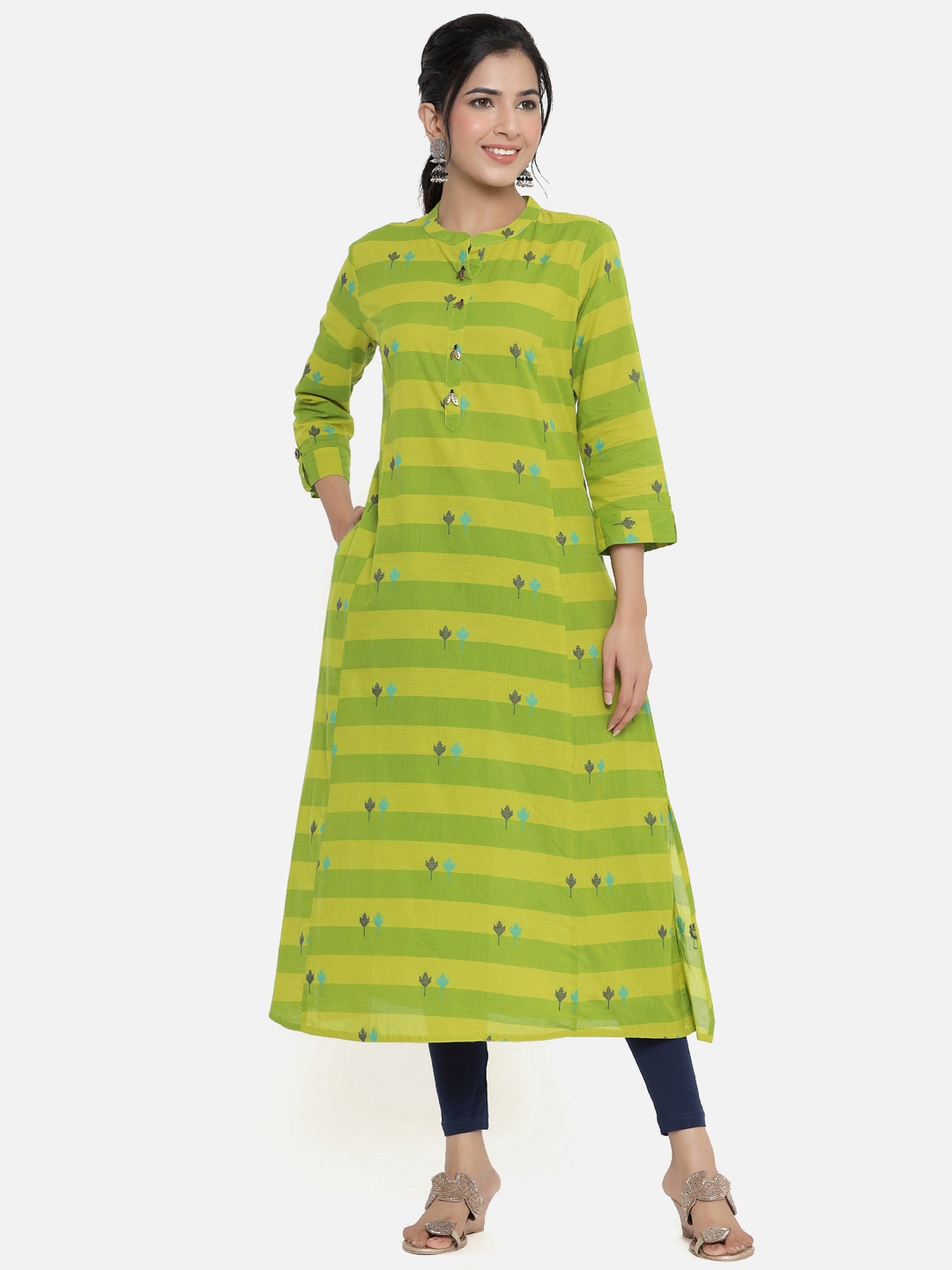 

DIVYANK Women Green & Blue Printed Handloom Kurta