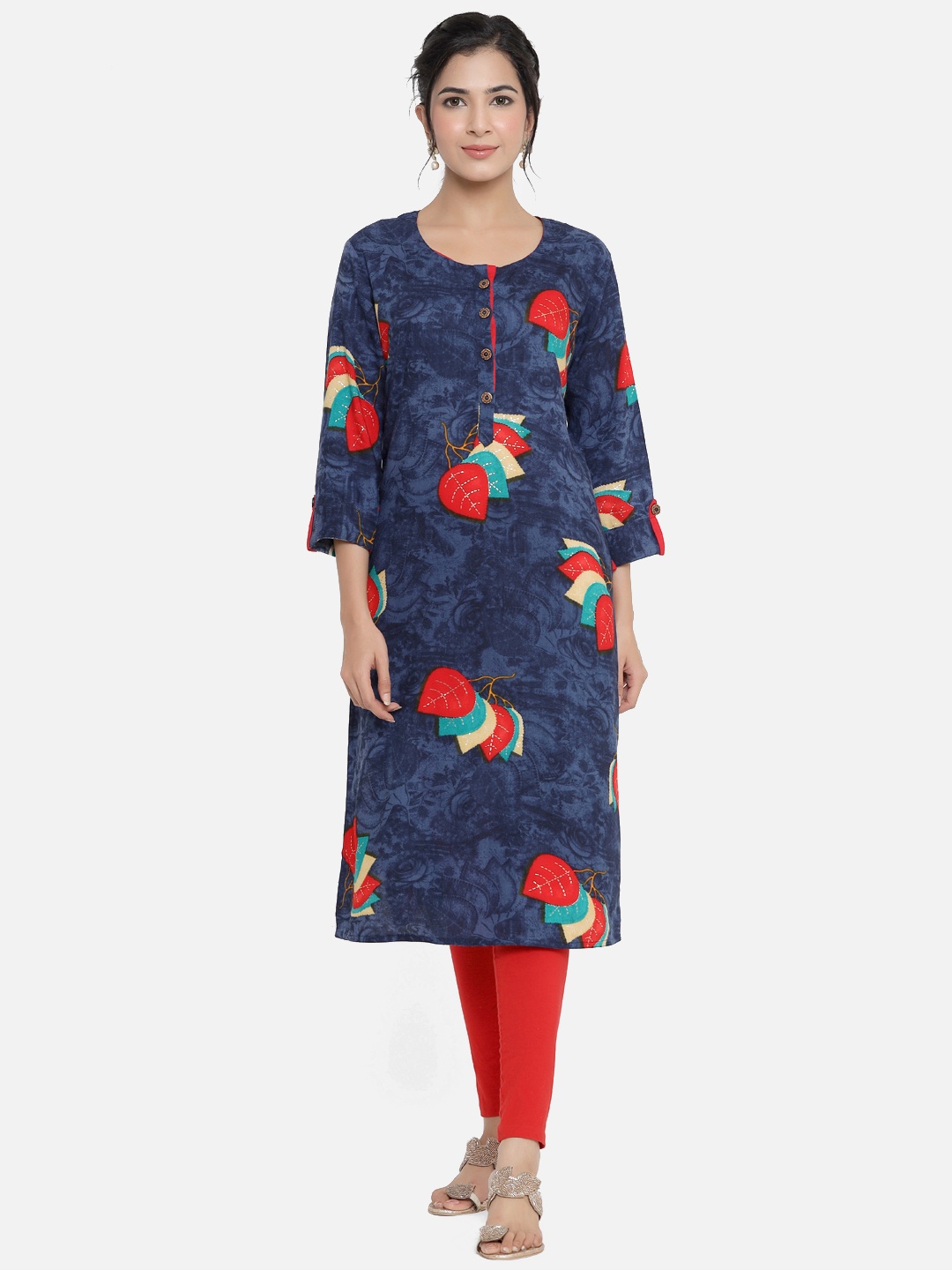 

DIVYANK Women Navy Blue & Red Floral Printed Kurta