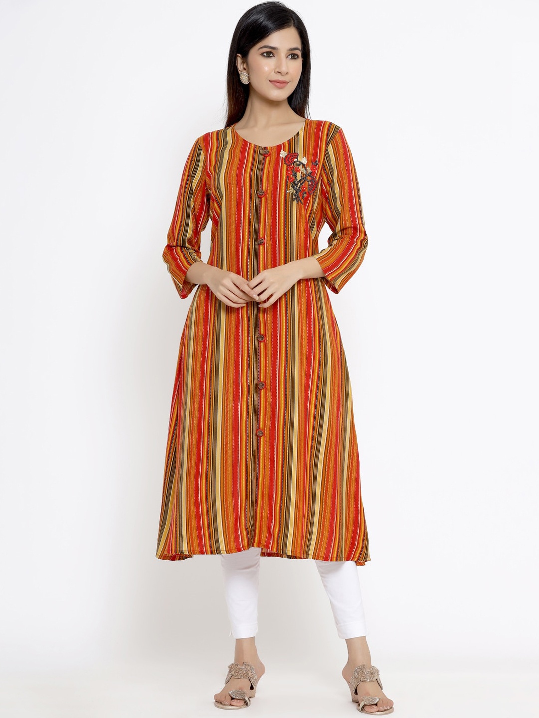 

DIVYANK Women Orange & Beige Striped Kurta