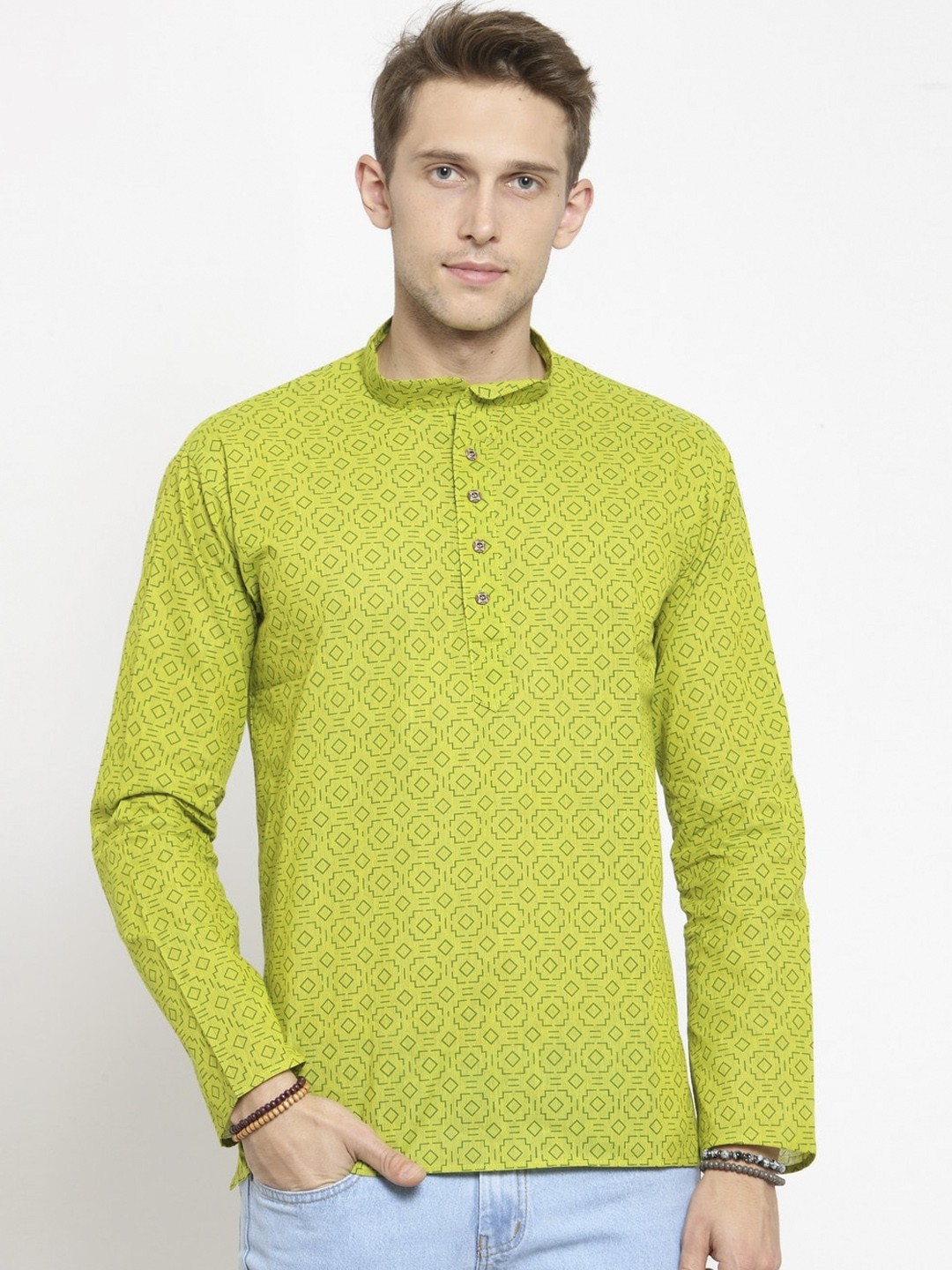 

RG DESIGNERS Men Green Geometric Printed Handloom Kurta