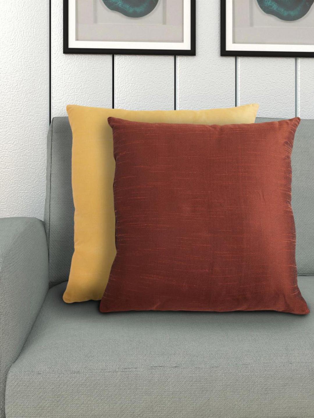 

Home Centre Brown & Yellow Set Of 2 Vegas Dupion Textured Filled Cushions