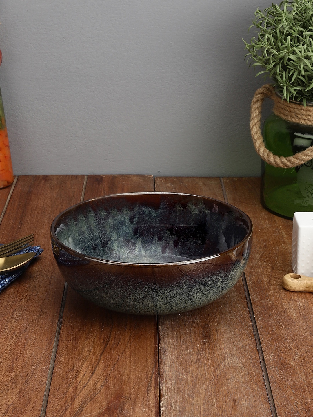 

MIAH Decor Grey & Green 1 Pieces Handcrafted Printed Ceramic Glossy Bowl