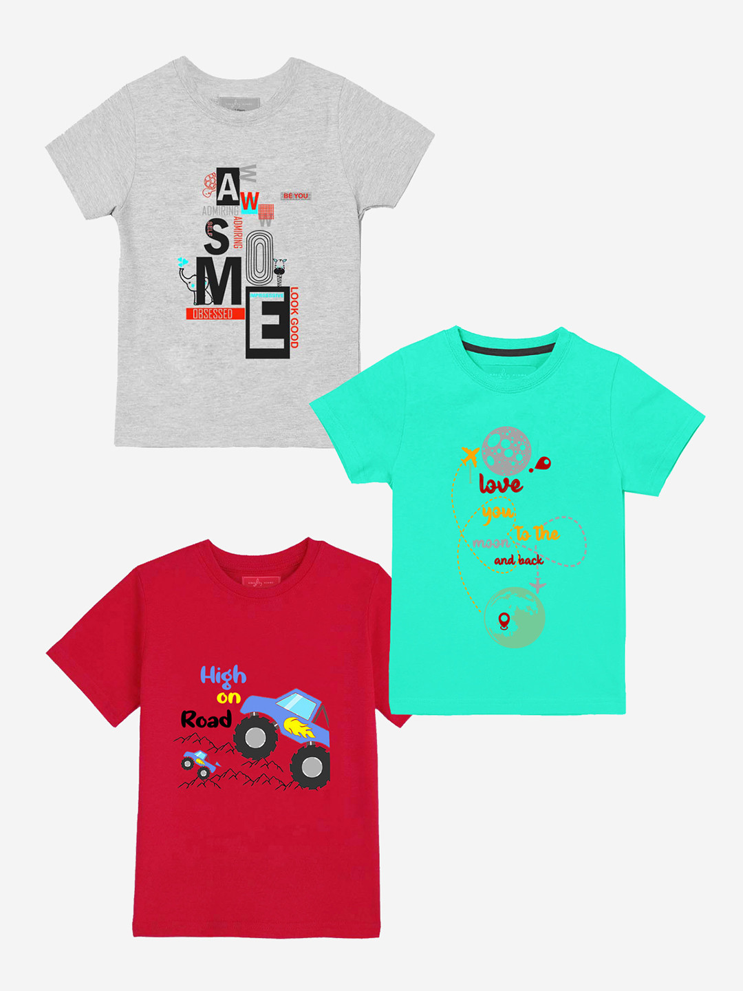 

Naughty Ninos Boys Pack Of 3 Printed Pure Cotton T-shirt, Grey