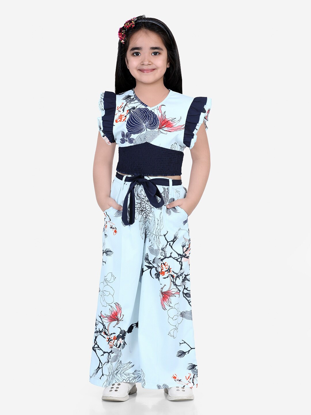 

Naughty Ninos Girls Turquoise Blue & Navy Blue Printed Top with Palazzos