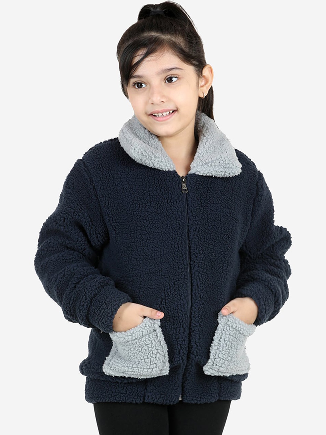 

Naughty Ninos Girls Navy Blue & Grey Colourblocked Lightweight Tailored Jacket