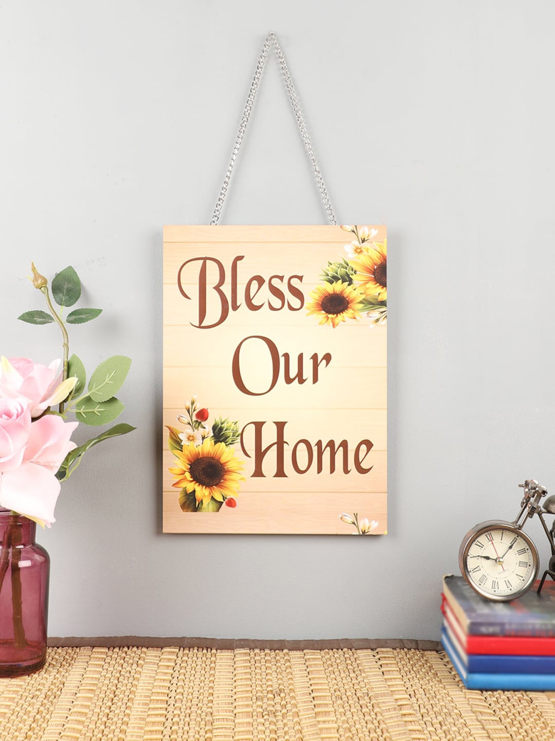 

EXIM DECOR Beige & Yellow Bless Our Home Wooden Wall Decor