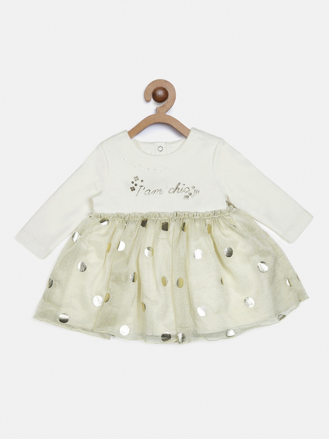 

Chicco Girls White & Bronze-Toned Polka Dot Printed Dress
