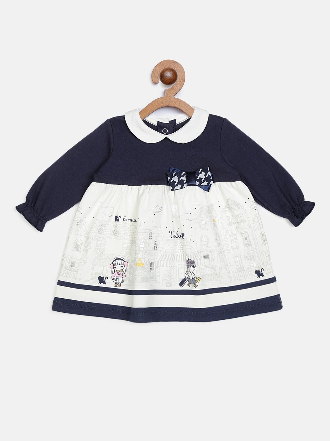 

Chicco Girls White & Blue Printed Peter Pan Collar A-Line Sustainable Dress