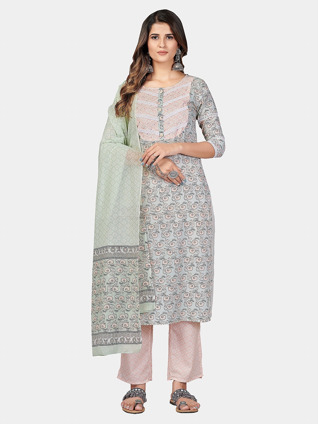 

Vbuyz Women Green Printed Regular Pure Cotton Kurta & Trouser With Dupatta