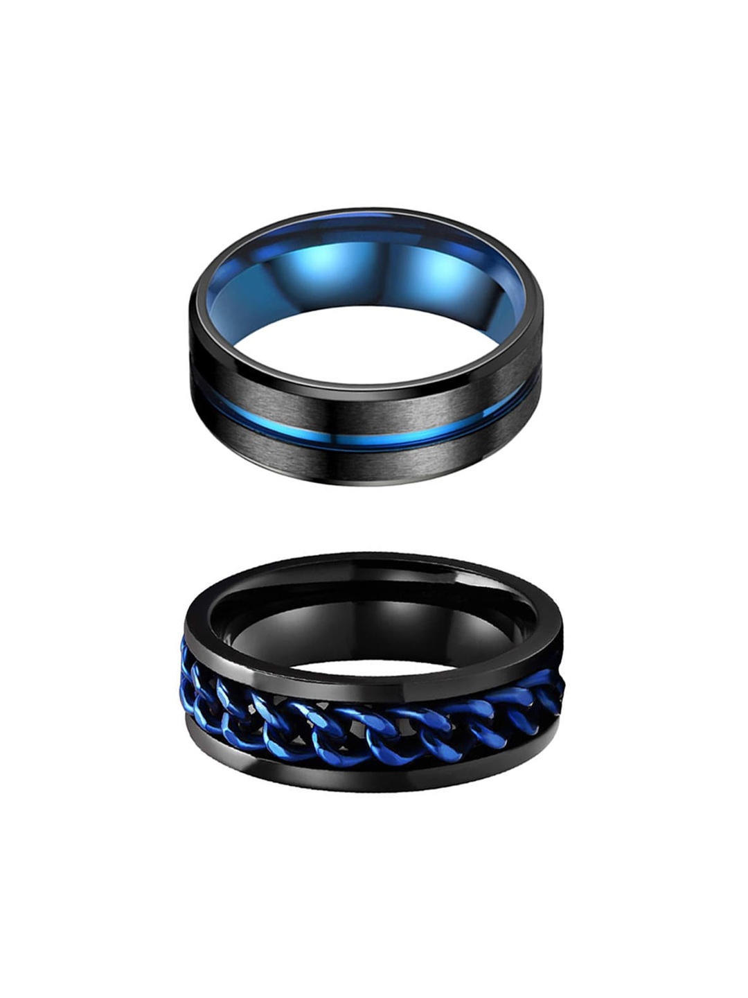 

Yellow Chimes Men Set Of 2 Blue & Black Stainless Steel Band Finger Rings