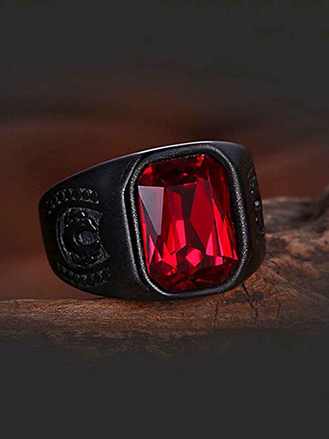 

Yellow Chimes Black & Red Stainless Steel Geometric Square Stone Finger Ring