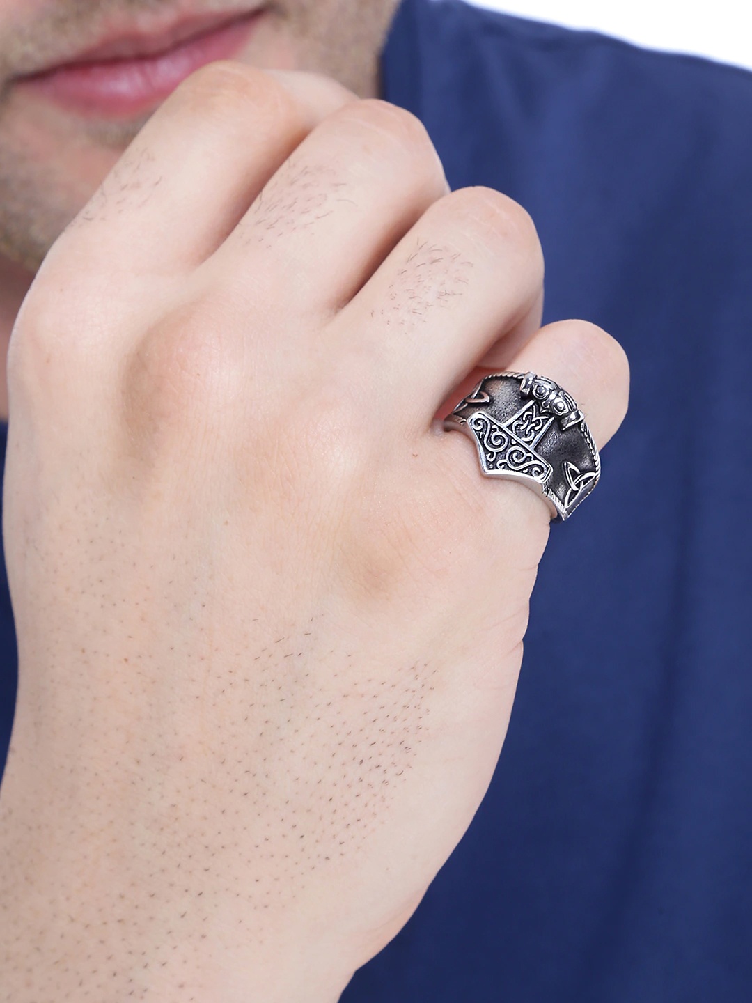 

Yellow Chimes Men Silver-Toned & Black Stainless Steel Thors Hammer Signet Finger Ring