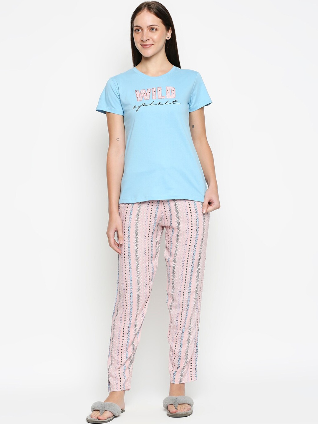 

XIN Women Blue Round Neck Top And Rayon Bottom Night Suit