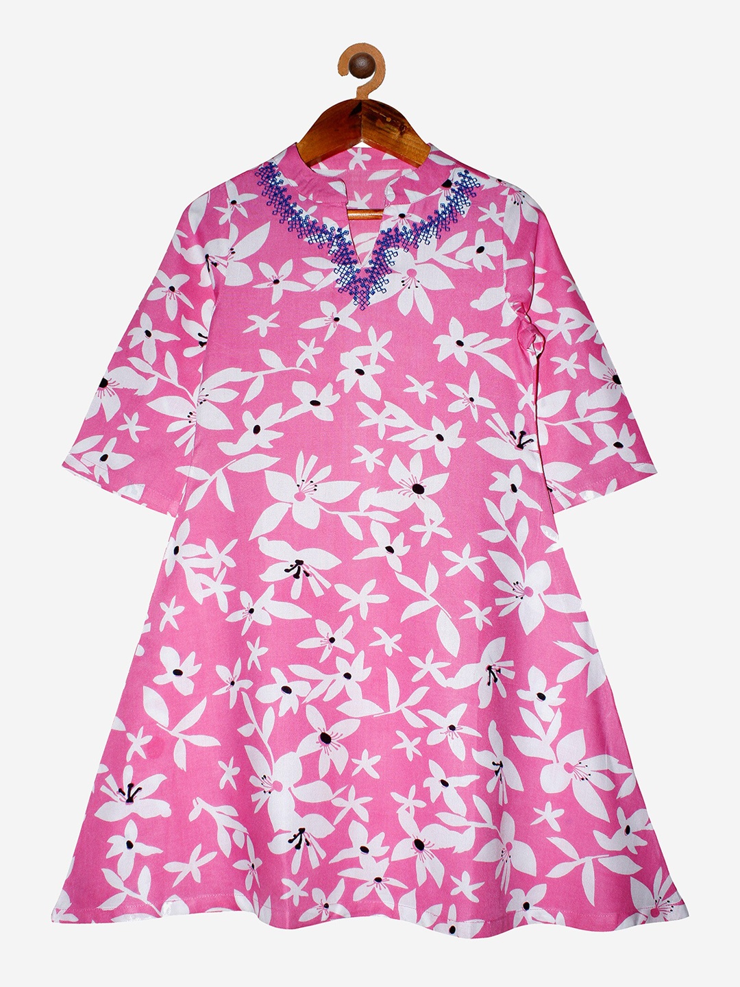 

KiddoPanti Girls Pink & Blue Floral Printed A-Line Kurta