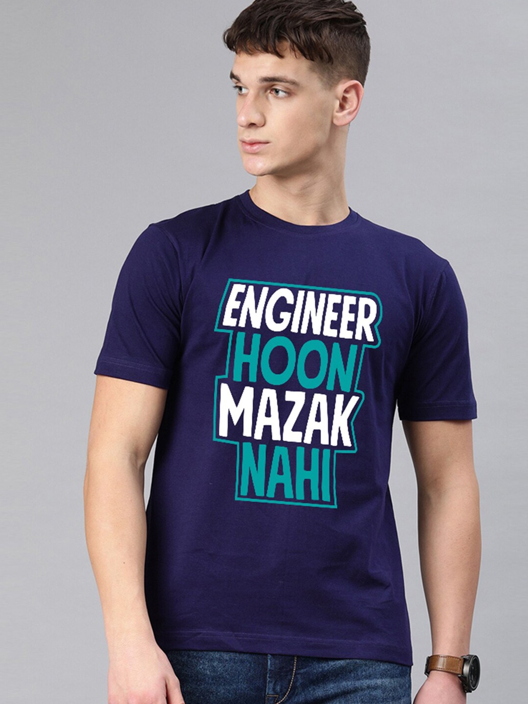 

BE AWARA Men Navy Blue & White Typography Printed Cotton T-shirt