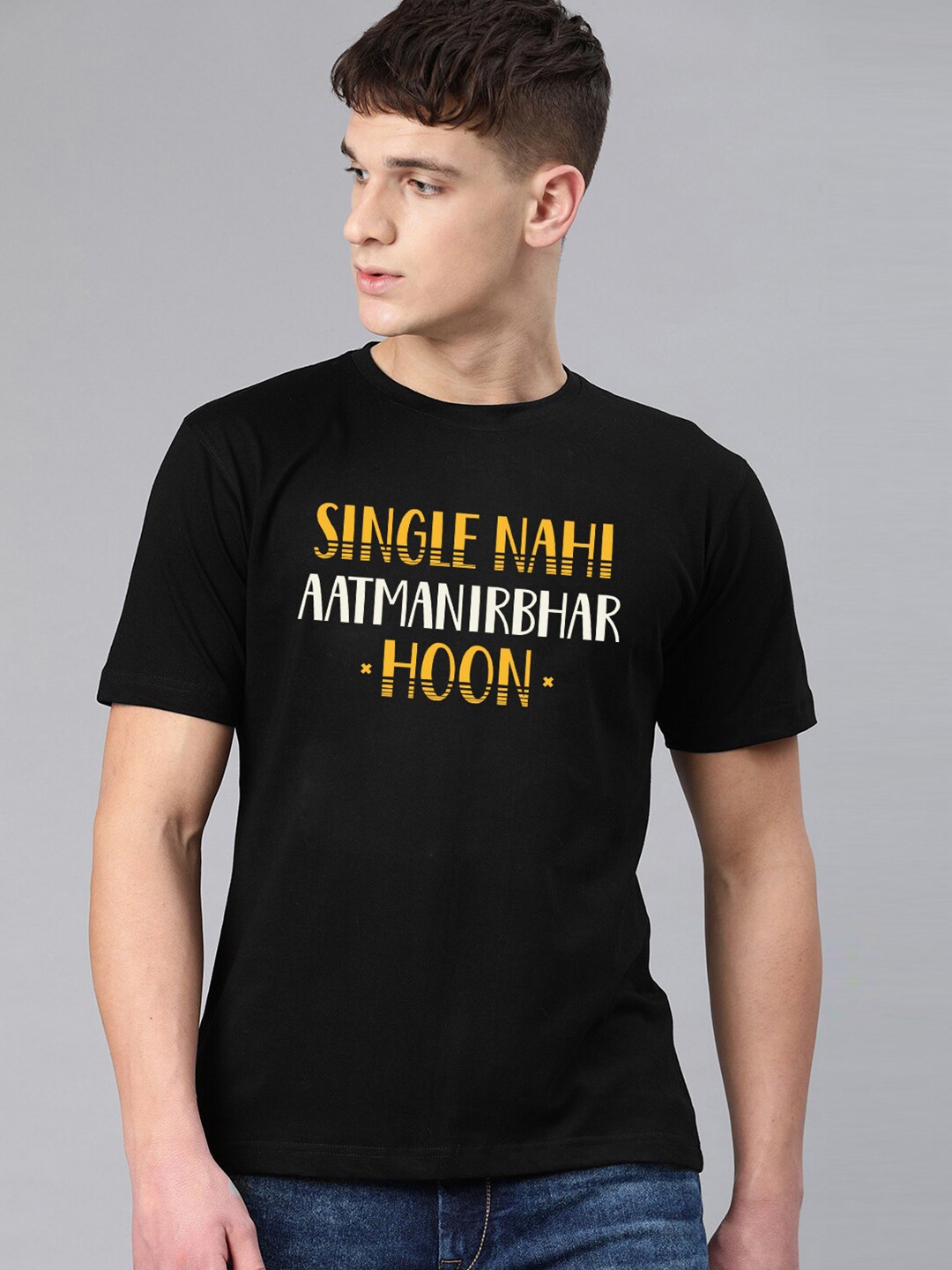 

BE AWARA Men Black & Yellow Typography Printed Cotton T-shirt
