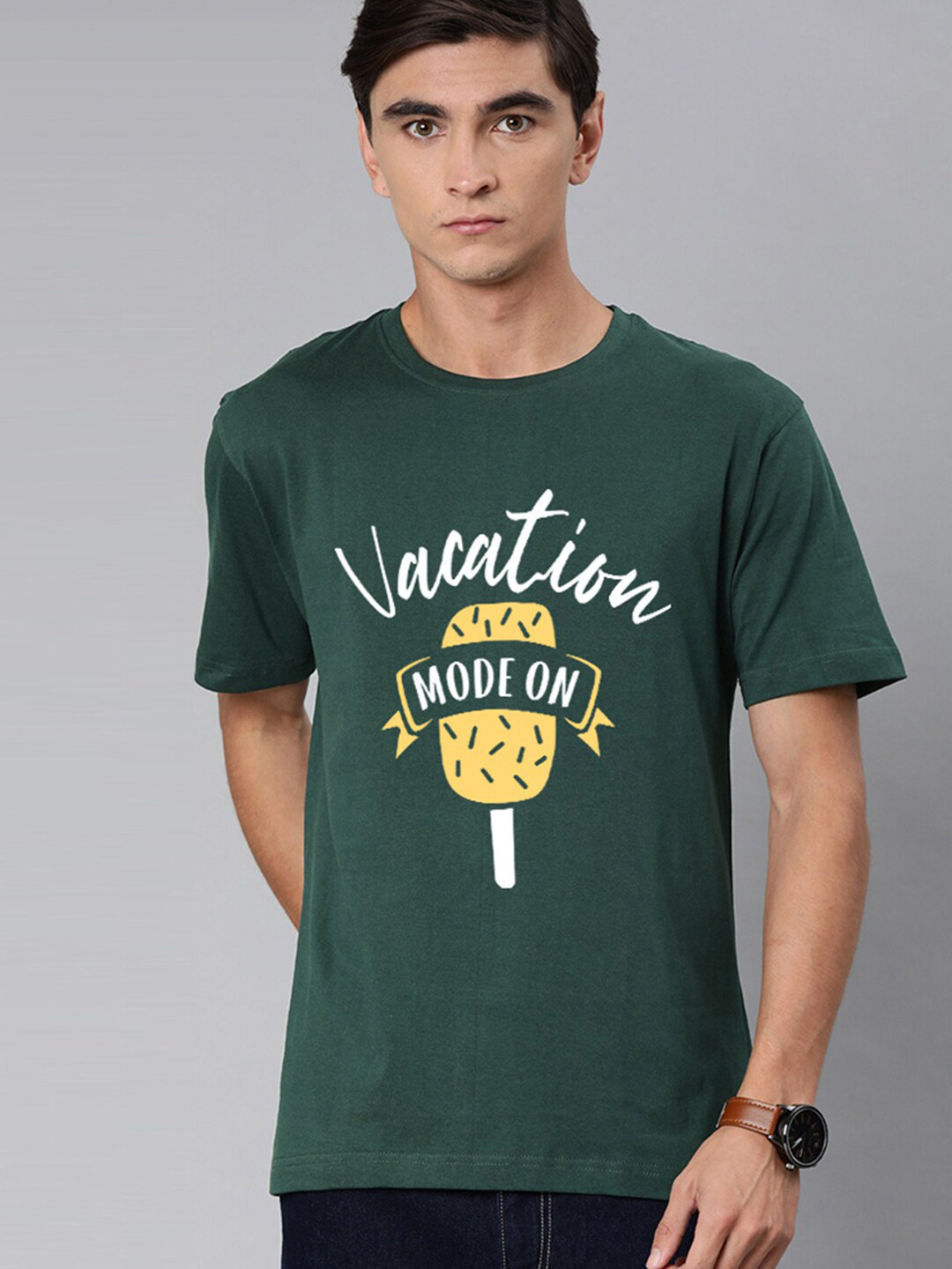 

BE AWARA Men Green & White Typography Printed Cotton T-shirt