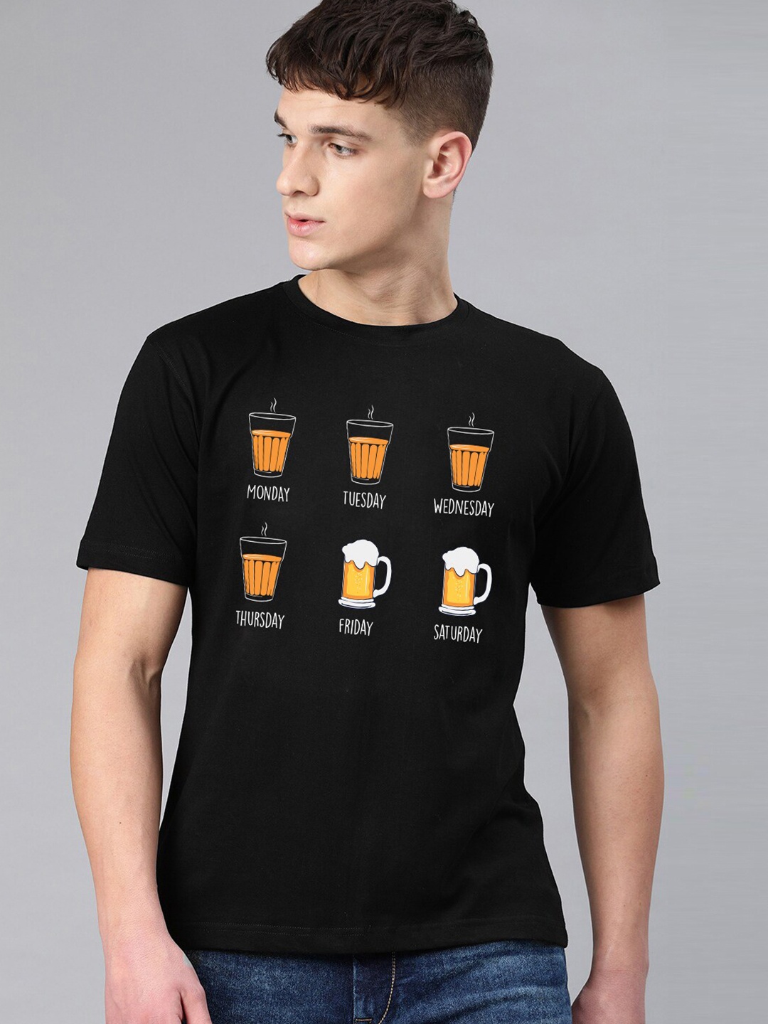 

BE AWARA Men Black Printed Cotton T-shirt