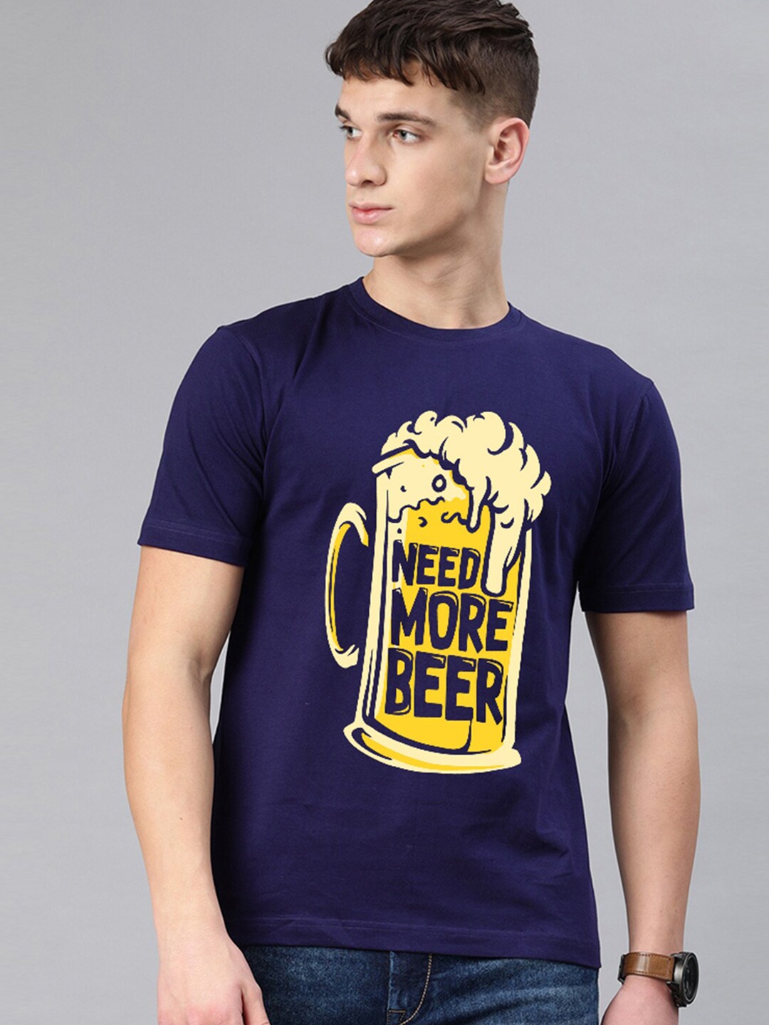 

BE AWARA Men Navy Blue & Yellow Printed Cotton T-shirt
