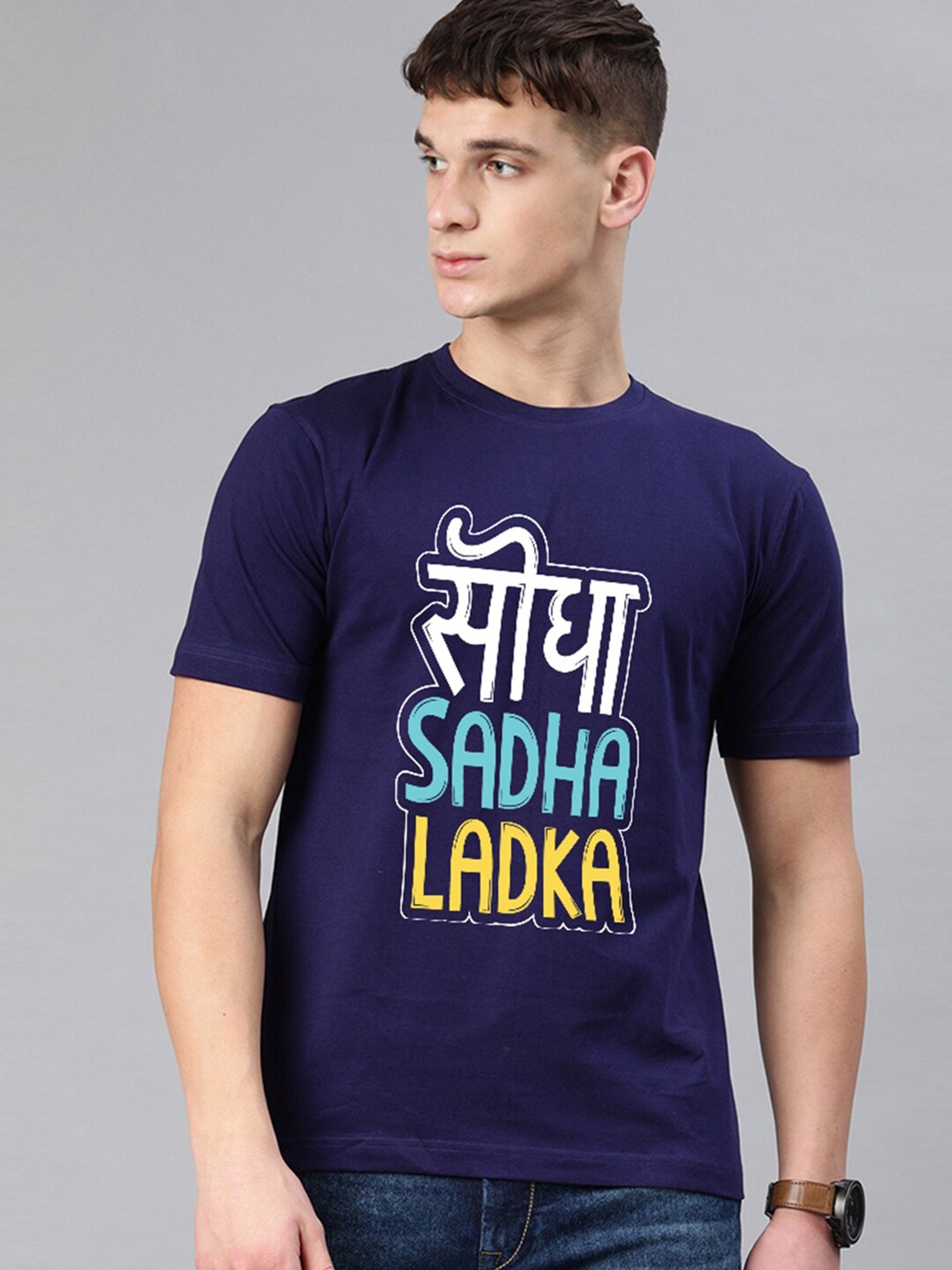 

BE AWARA Men Navy Blue & White Typography Printed Cotton T-shirt