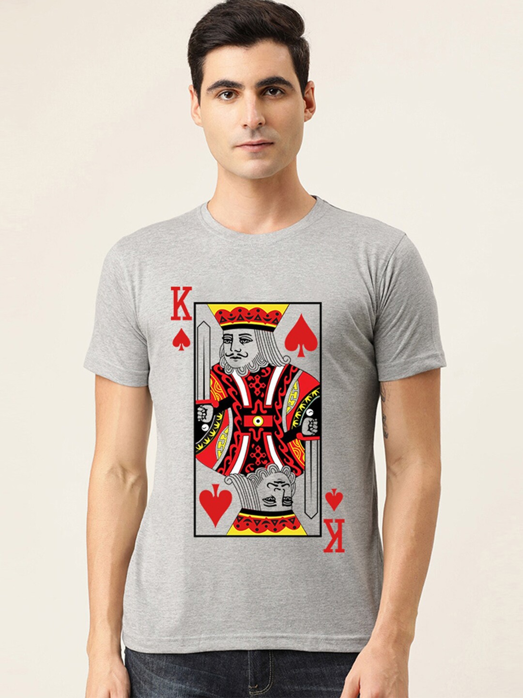 

BE AWARA Men Grey Melange & Red Printed Cotton T-shirt