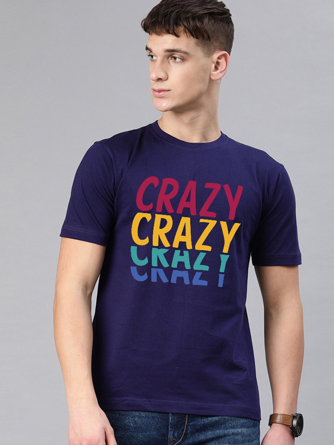 

BE AWARA Men Navy Blue Typography Printed T-shirt