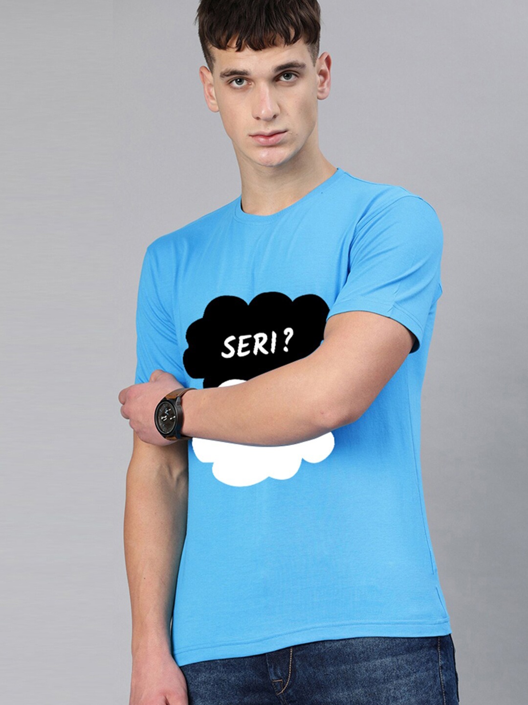 

BE AWARA Men Blue Typography Printed T-shirt
