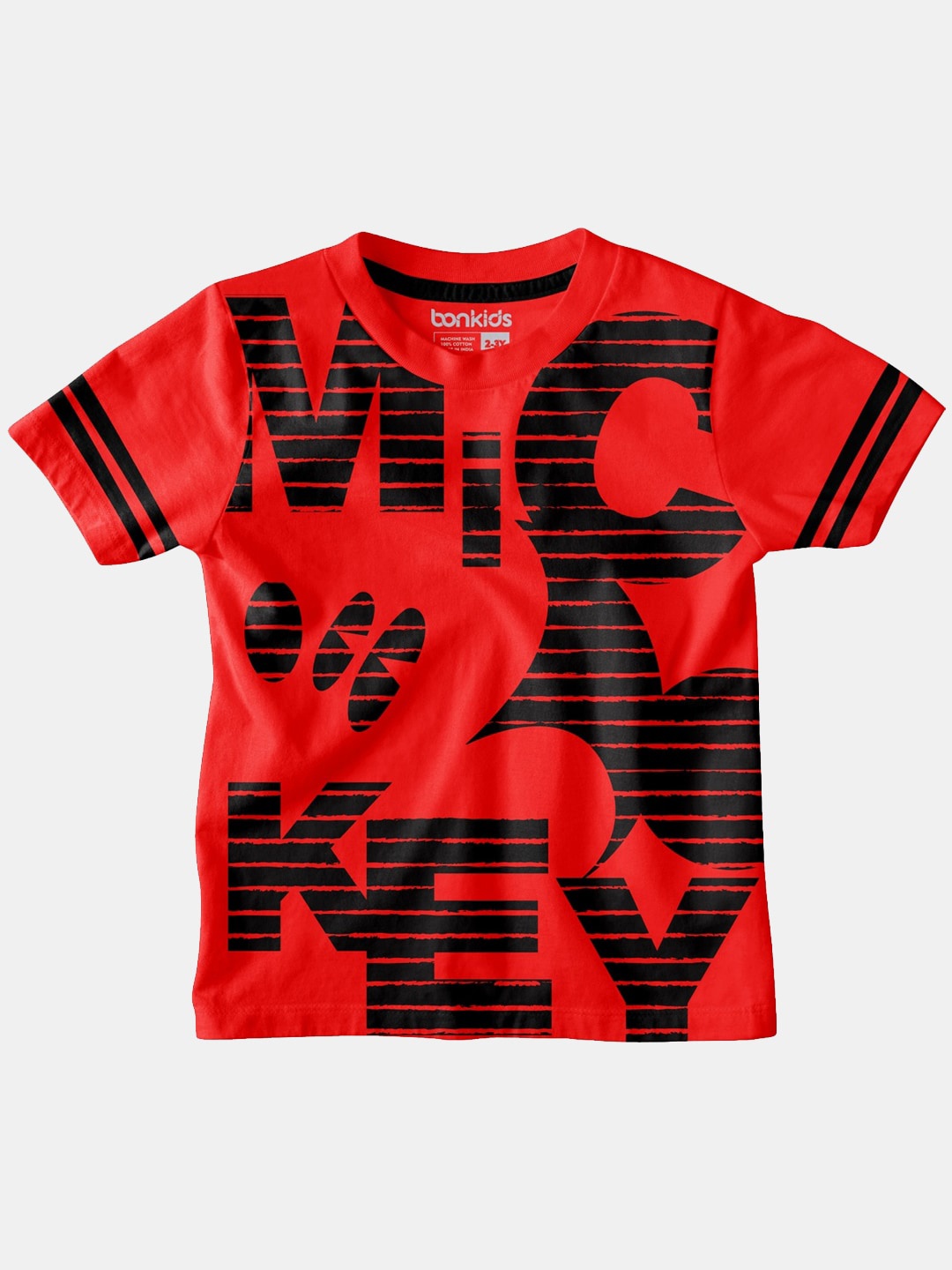 

BONKIDS Boys Red & Black Mickey Mouse Printed Regular Fit T-shirt