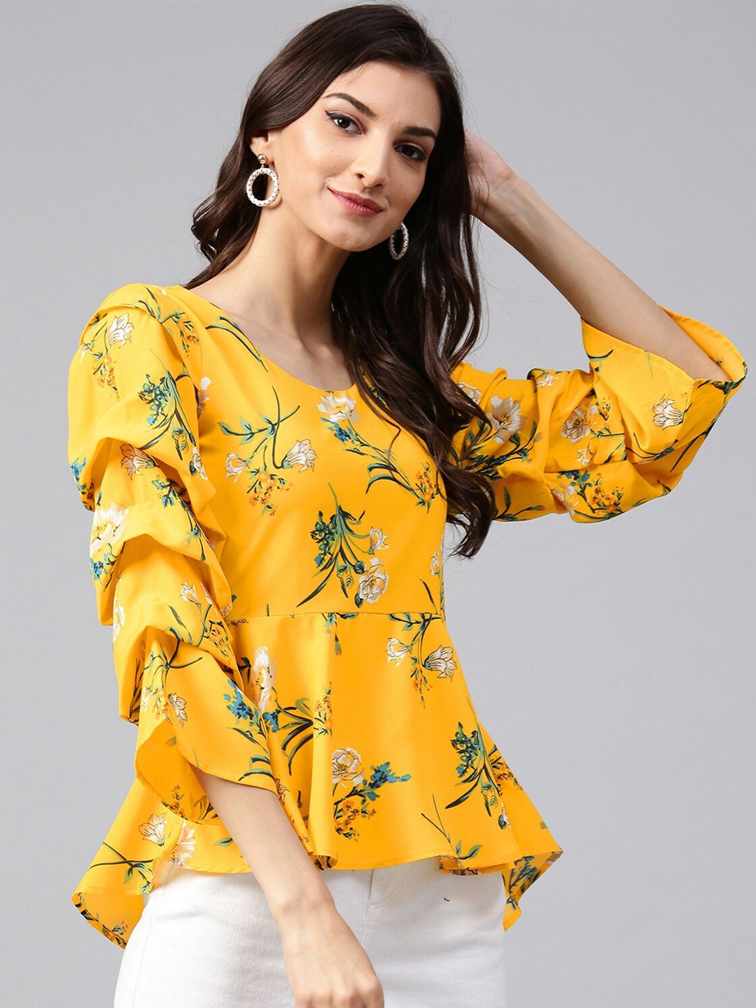 

Zima Leto Yellow Floral Printed Peplum Top