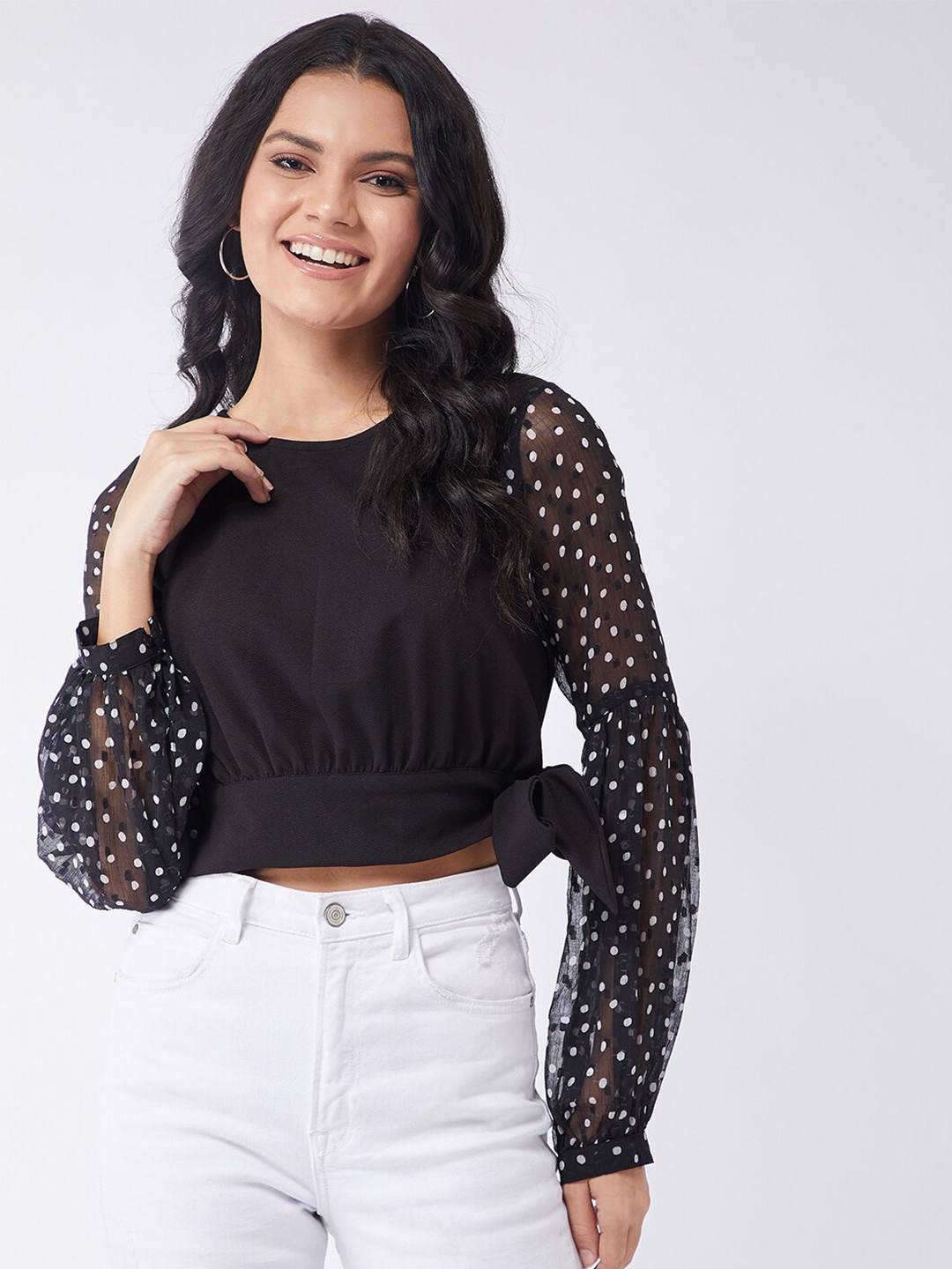 

Zima Leto Black Polka Cinched Waist Crop Top