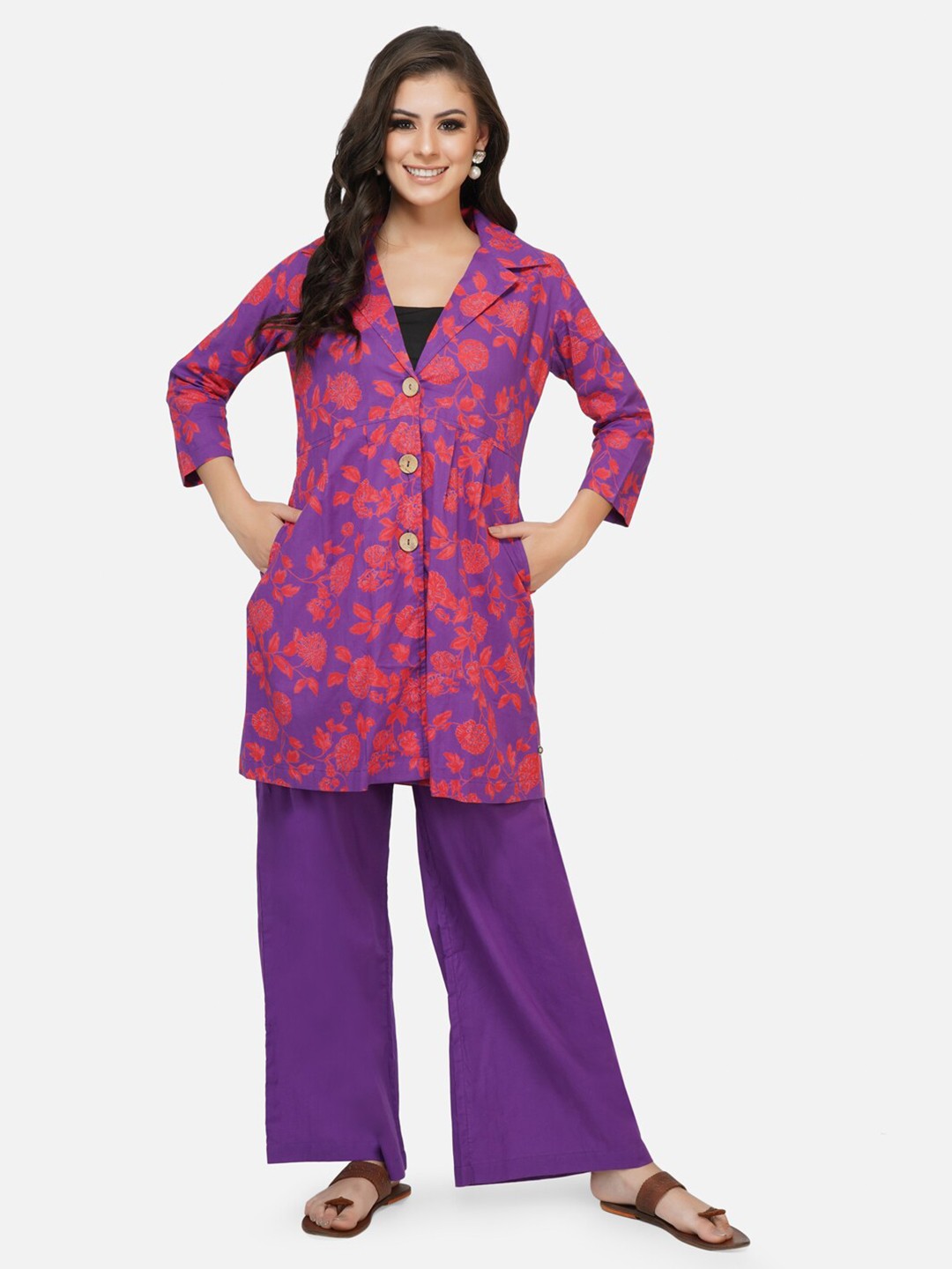 

FABNEST Women Purple & Red Floral Printed Jacket With Palazzos