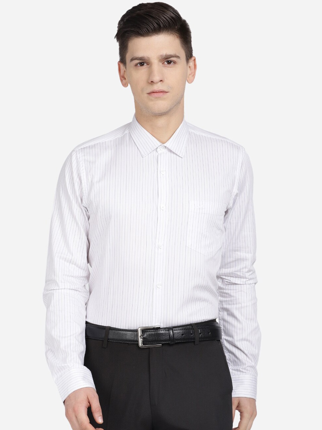 

Crocodile Men White Slim Fit Opaque Striped Formal Shirt