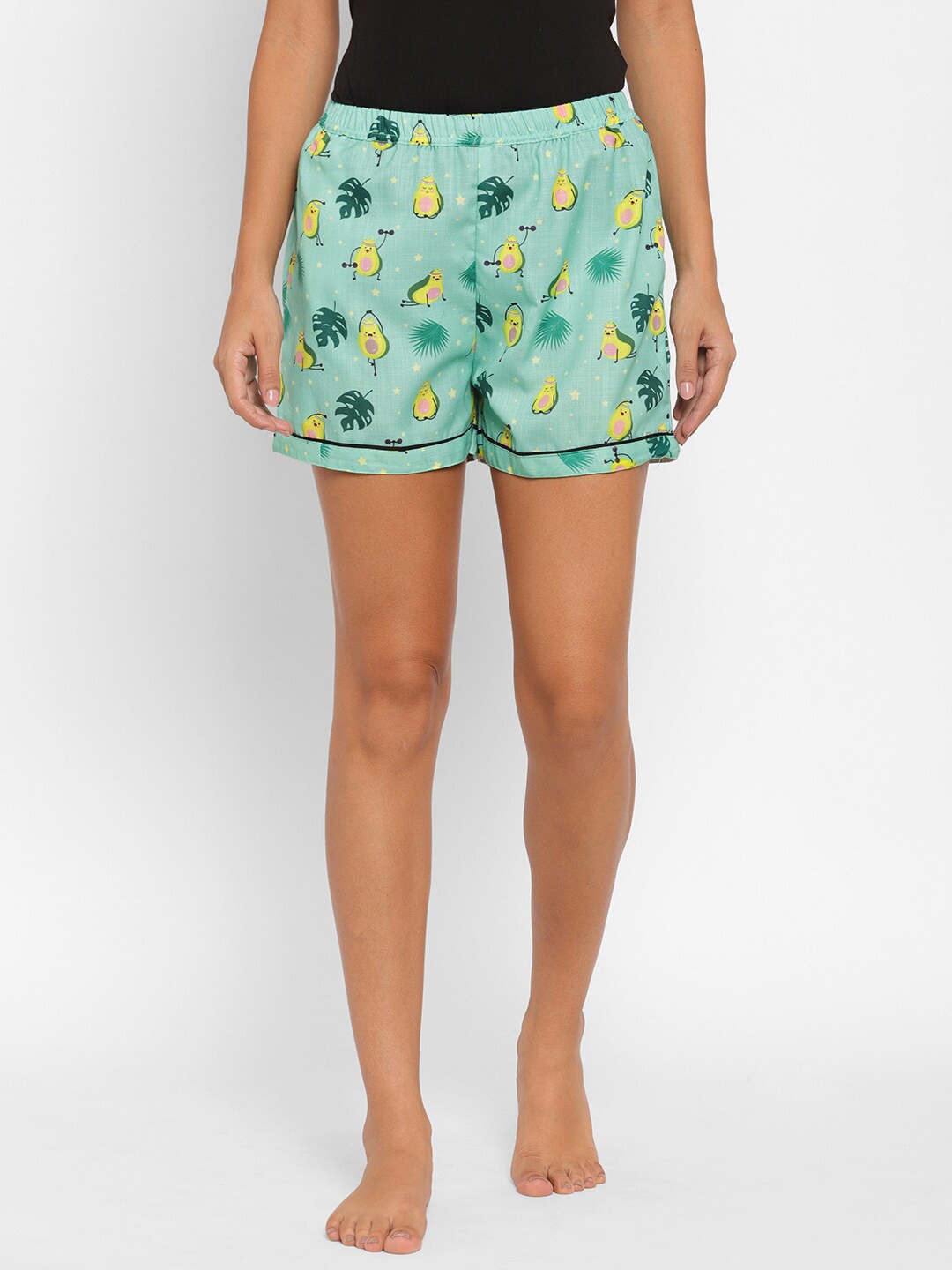 

FashionRack Women Green & Yellow Printed Mid-Rise Woven Lounge Shorts