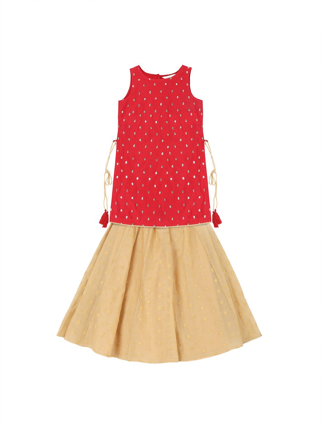 

AKKRITI BY PANTALOONS Girls Red & Beige Embroidered Sequinned Ready to Wear Lehenga &