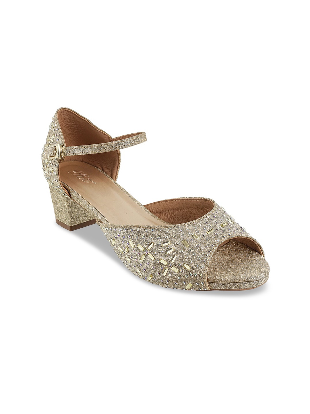 

Mochi Gold-Toned & Beige Embellished Block Peep Toes