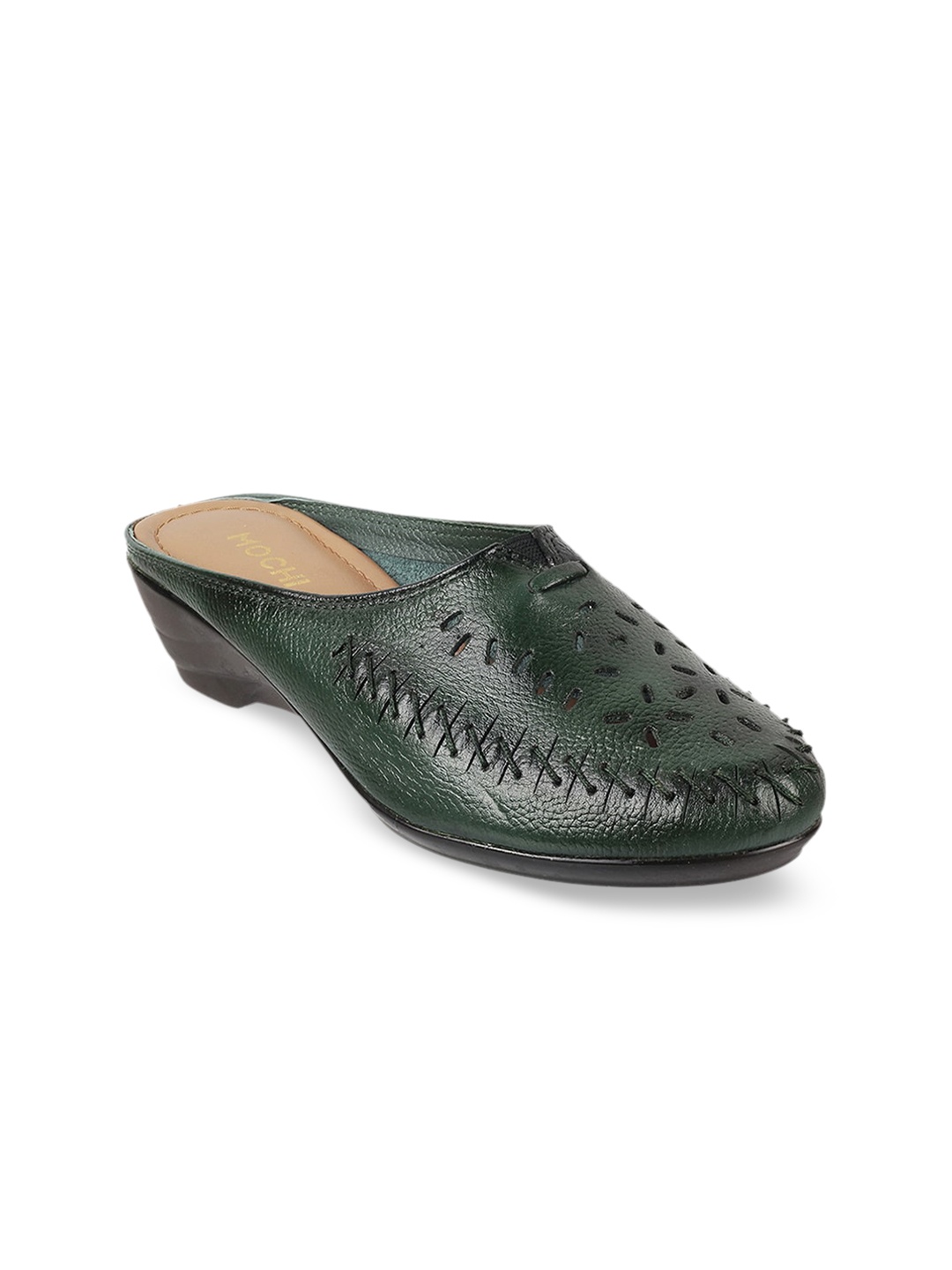 

Mochi Green Leather Platform Mules with Laser Cuts