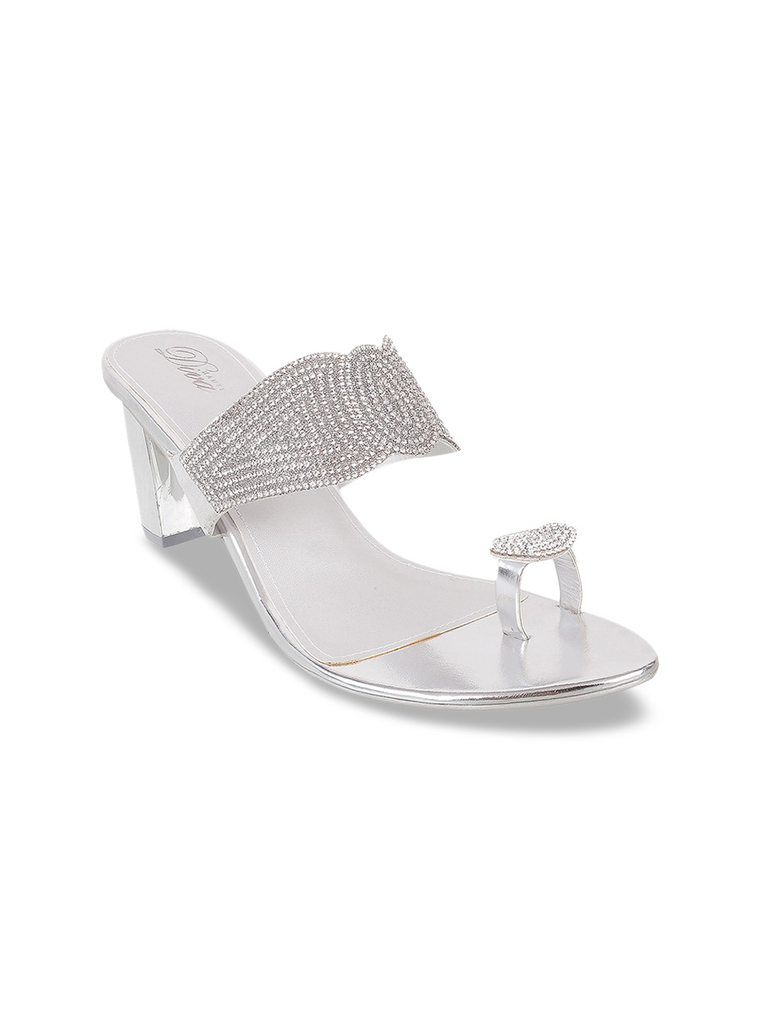 

Mochi Silver-Toned Embellished Block Sandals