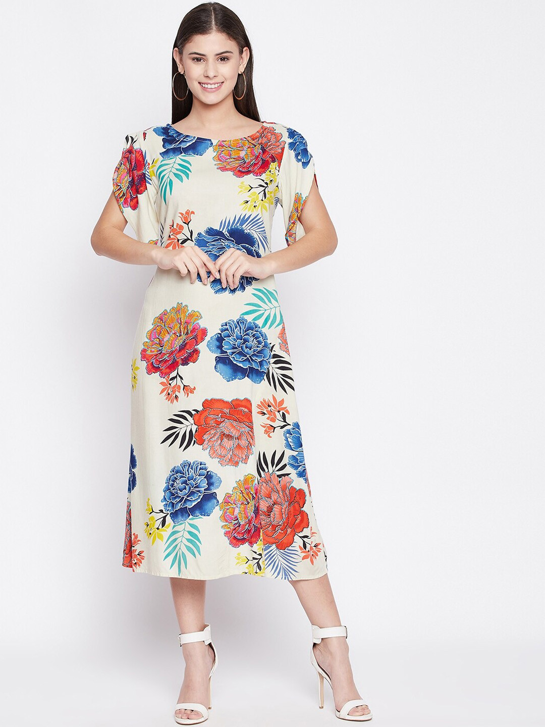 

Ruhaans Women Off White & Blue Floral A-Line Midi Dress