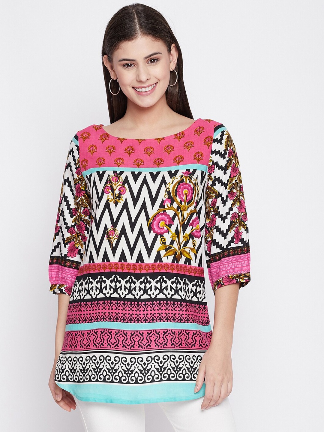 

Ruhaans Women Pink & White Tribal Printed Regular Longline Top