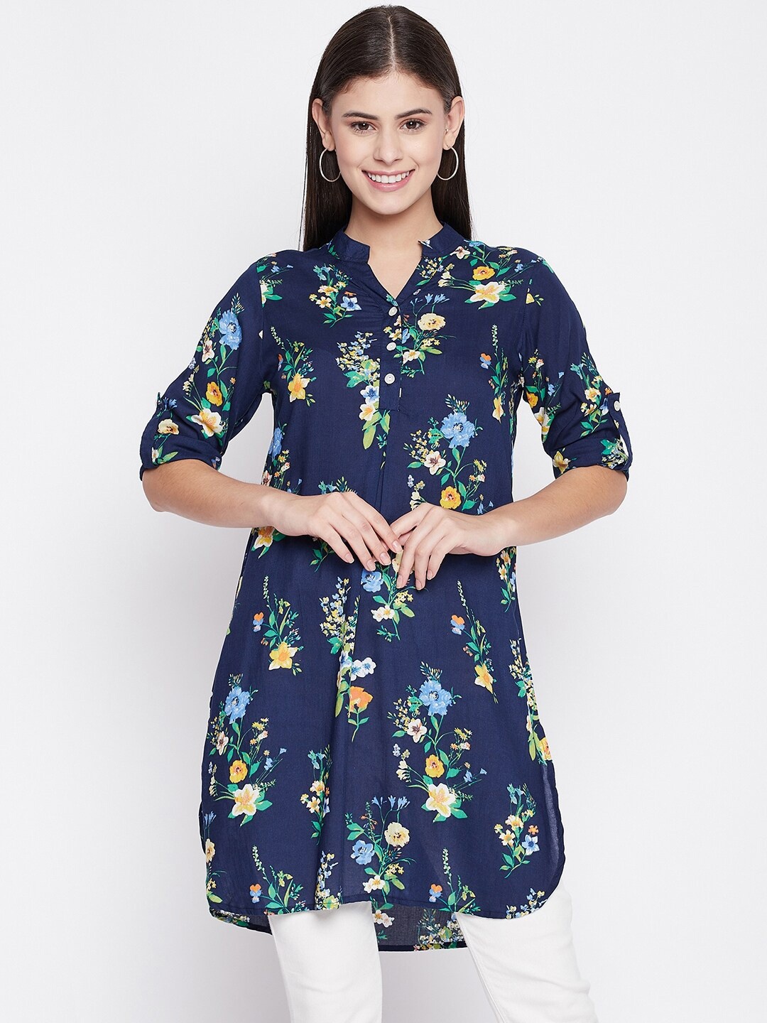 

Ruhaans Navy Blue & Multicoloured Viscose Rayon Mandarin Collar Printed Tunic