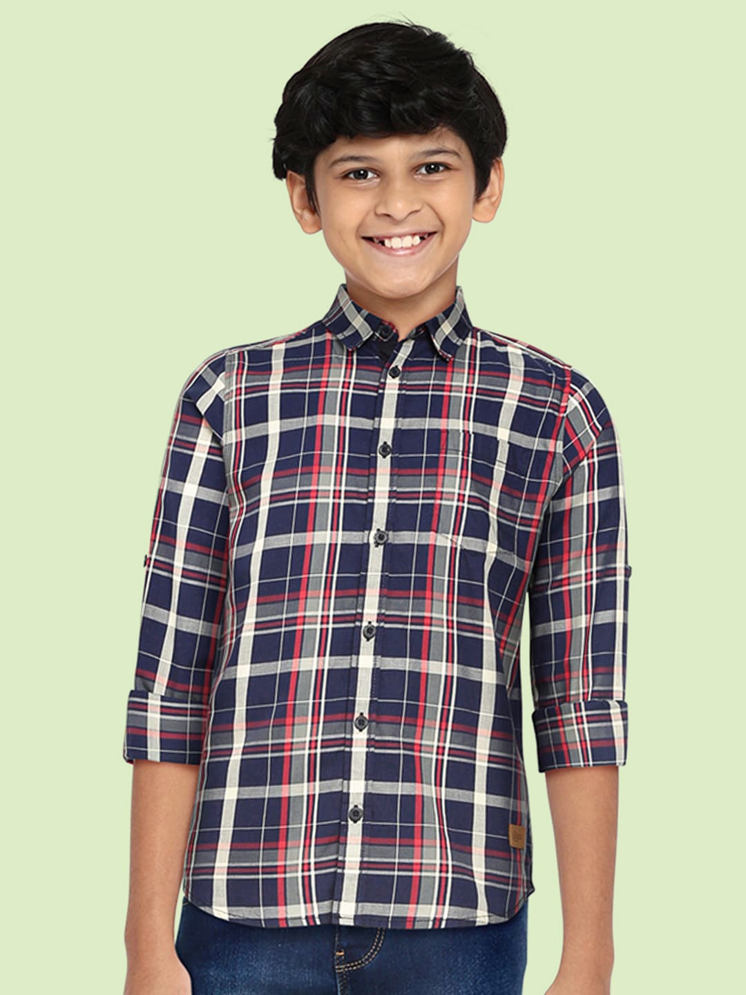 

UTH by Roadster Boys Navy Blue & Beige Pure Cotton Checked Casual Shirt