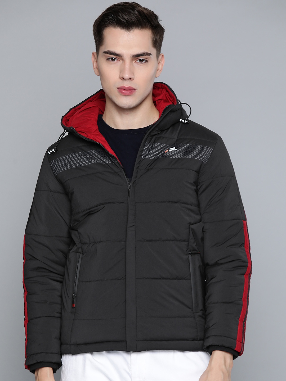 

Fort Collins Men Black Solid Padded Hooded Jacket